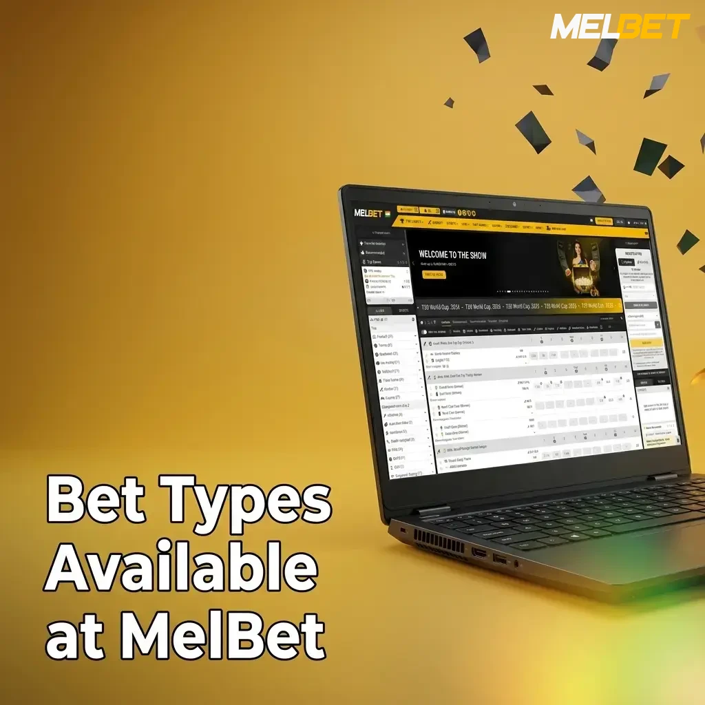 MelBet bet types including singles, accumulators, system bets, handicap, over/under, correct score, and BTTS explained