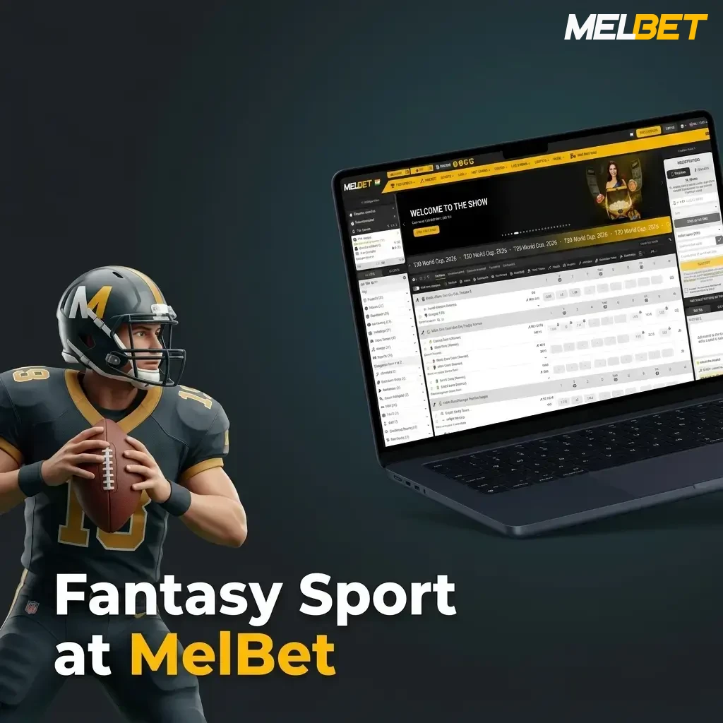 MelBet Fantasy Sport dashboard showing cricket, football and basketball team selection with player stats and prize pool