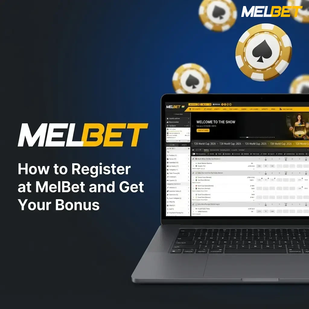 MelBet registration steps showing sign-up form, bonus selection, promo code field, and first deposit process in India