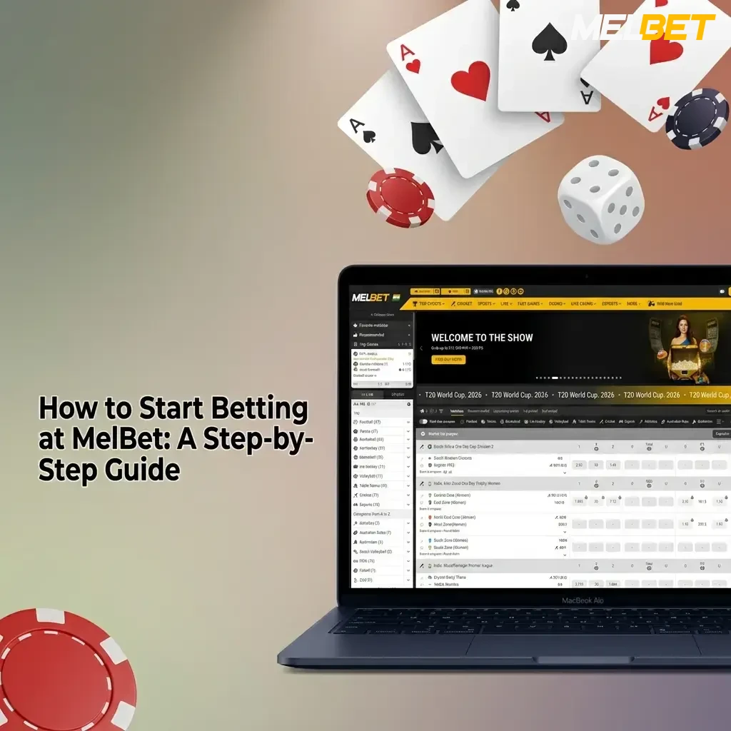 MelBet betting guide showing five steps from registration and deposit to placing bets and withdrawing winnings