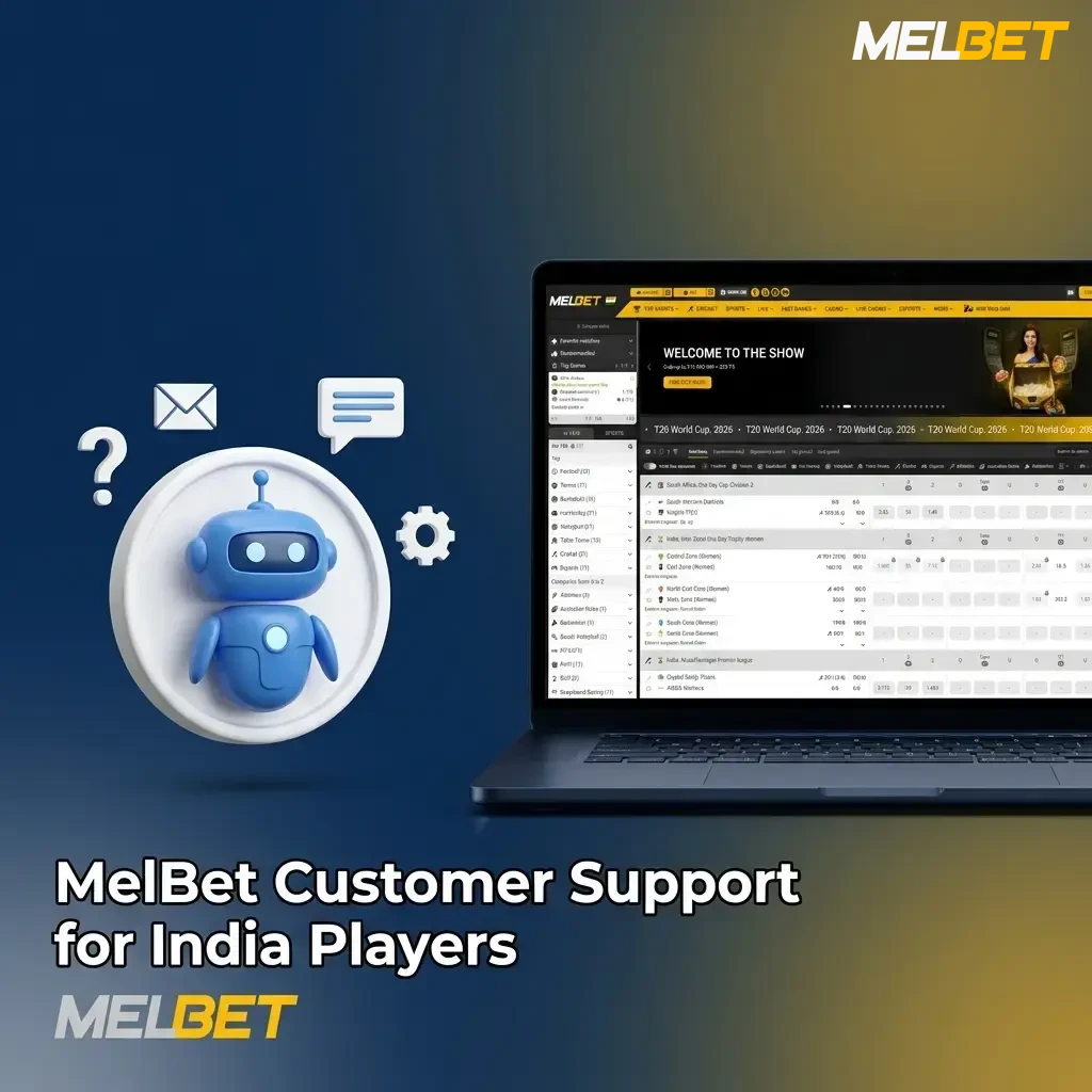 MelBet customer support for India players showing live chat, email, Telegram, and phone contact options available 24/7