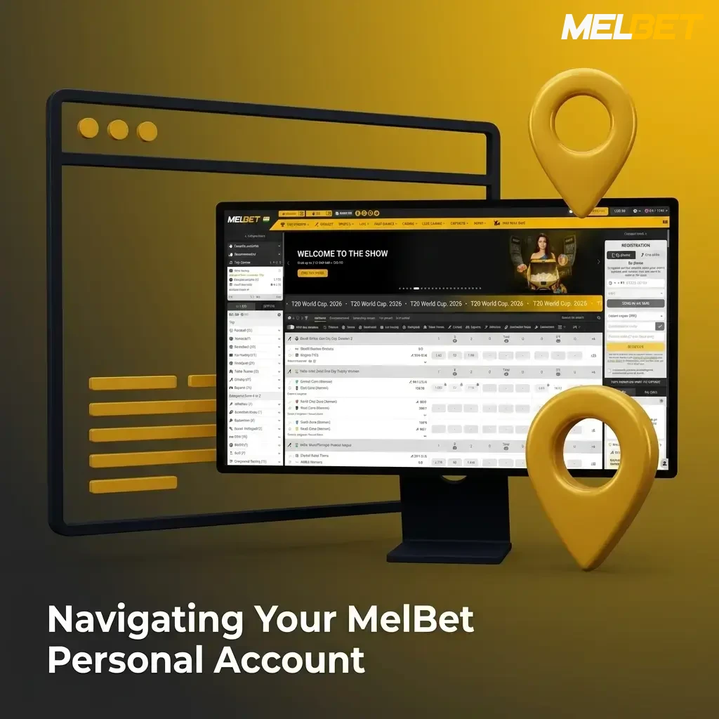 MelBet personal account dashboard showing balance, deposits, withdrawals, bet history, bonuses, and KYC settings in INR