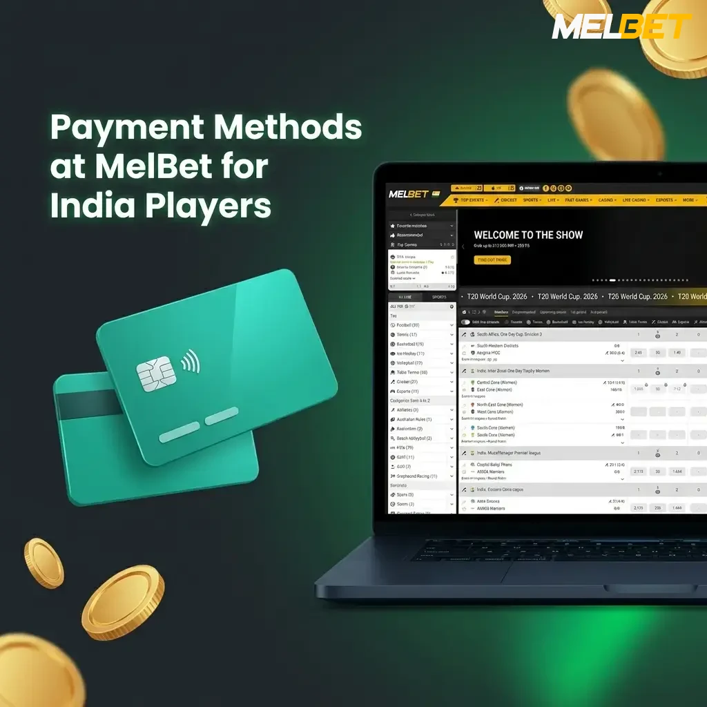 MelBet payment methods for India showing UPI, PhonePe, Paytm, crypto and card options with deposit limits and fees